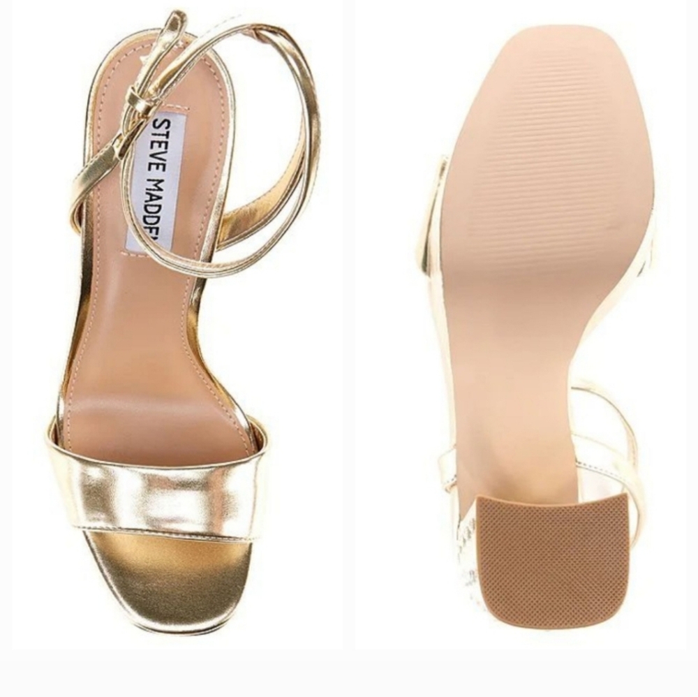 Steve Madden Laudre Gold Metallic Ankle Strap Open Toe Block Heeled Sandals - Picture 3 of 10